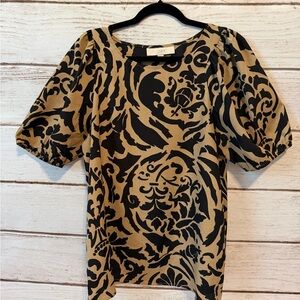 LOFT Black and Tan Baroque Print Blouse Size Medium Office School Church